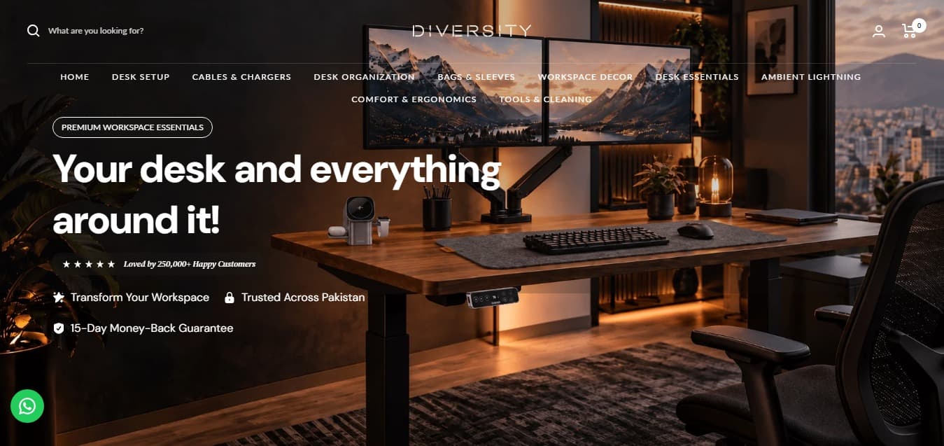 DIVERSITY storefront homepage — a warm-lit desk setup with the headline “Your desk and everything around it!”
