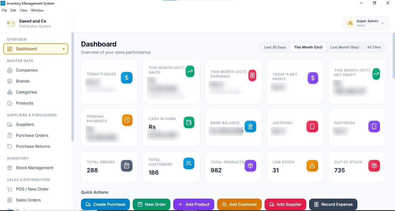 Gibs Distributor inventory dashboard — sales, expenses, payments, stock alerts and quick actions for purchases, orders and customers.