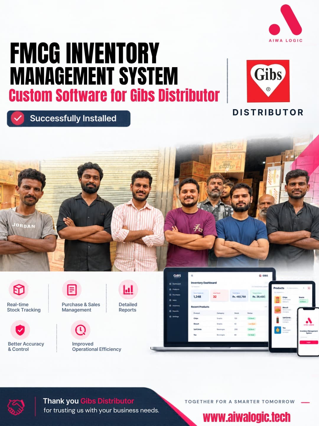 The Gibs Distributor team with Aiwa Logic after installing the FMCG inventory management system.
